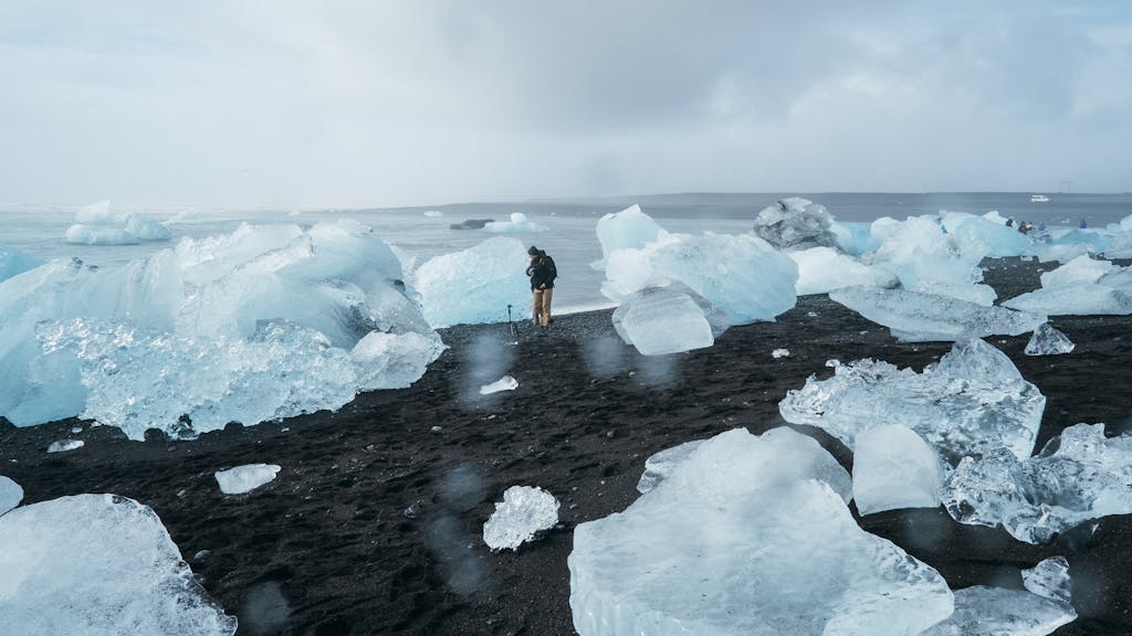 Explore the breathtaking contrast of icebergs on a black sand beach with a solitary figure capturing the moment.